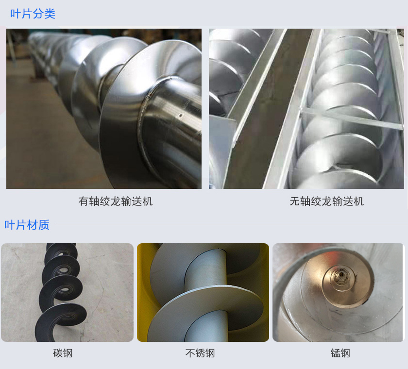 絞龍輸送機分為有軸和無軸絞龍輸送機，可根據(jù)物料不同選擇有碳鋼、不銹鋼、錳鋼等材質。